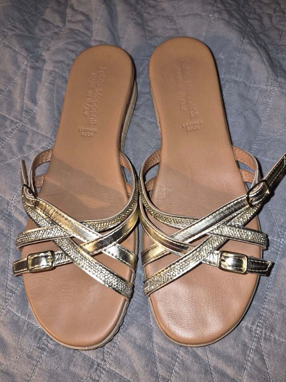 Fabio Maggenti Made in Italy Leather Wedge Sandals Gold Criss Cross Straps